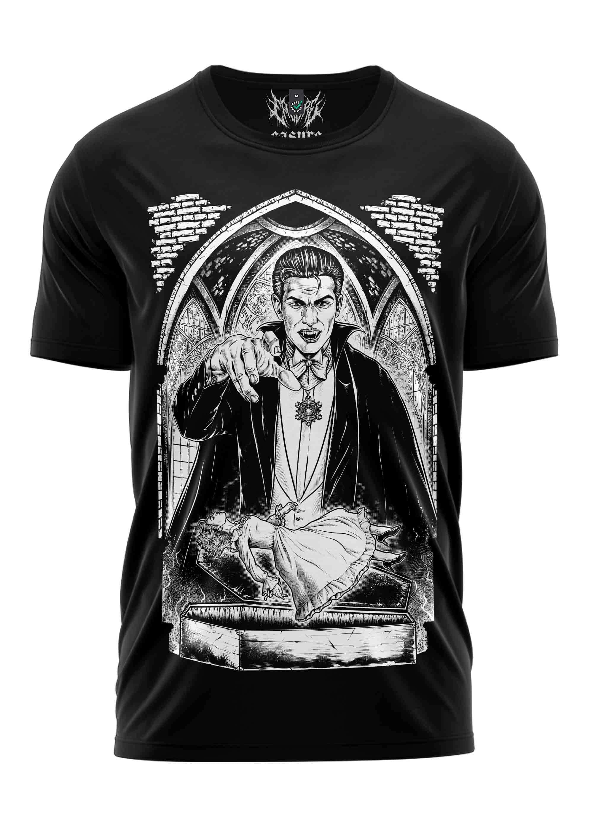 Schwarzes gothic kurzarmshirt mit detaillierter vampire-grafik im ornamentalen bogen und morph marke am kragen